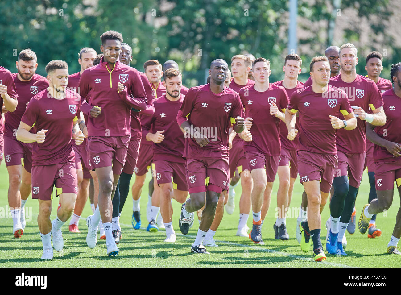 Bad Ragaz, Switzerland. 4th July 2018. West Ham United Players during a  training session of West Ham United's first team at the sports facility  Ri-Au in Bad Ragaz. The Hammers stay in