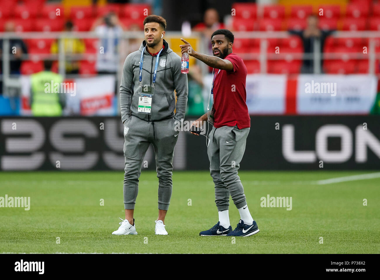 Moscow, Russia. 3th July 2018. Kyle Walker of England and Danny Rose of England inspect the pitch before the 2018 FIFA World Cup Round of 16 match between Colombia and England at Spartak Stadium on July 3rd 2018 in Moscow, Russia. Credit: PHC Images/Alamy Live News Stock Photo