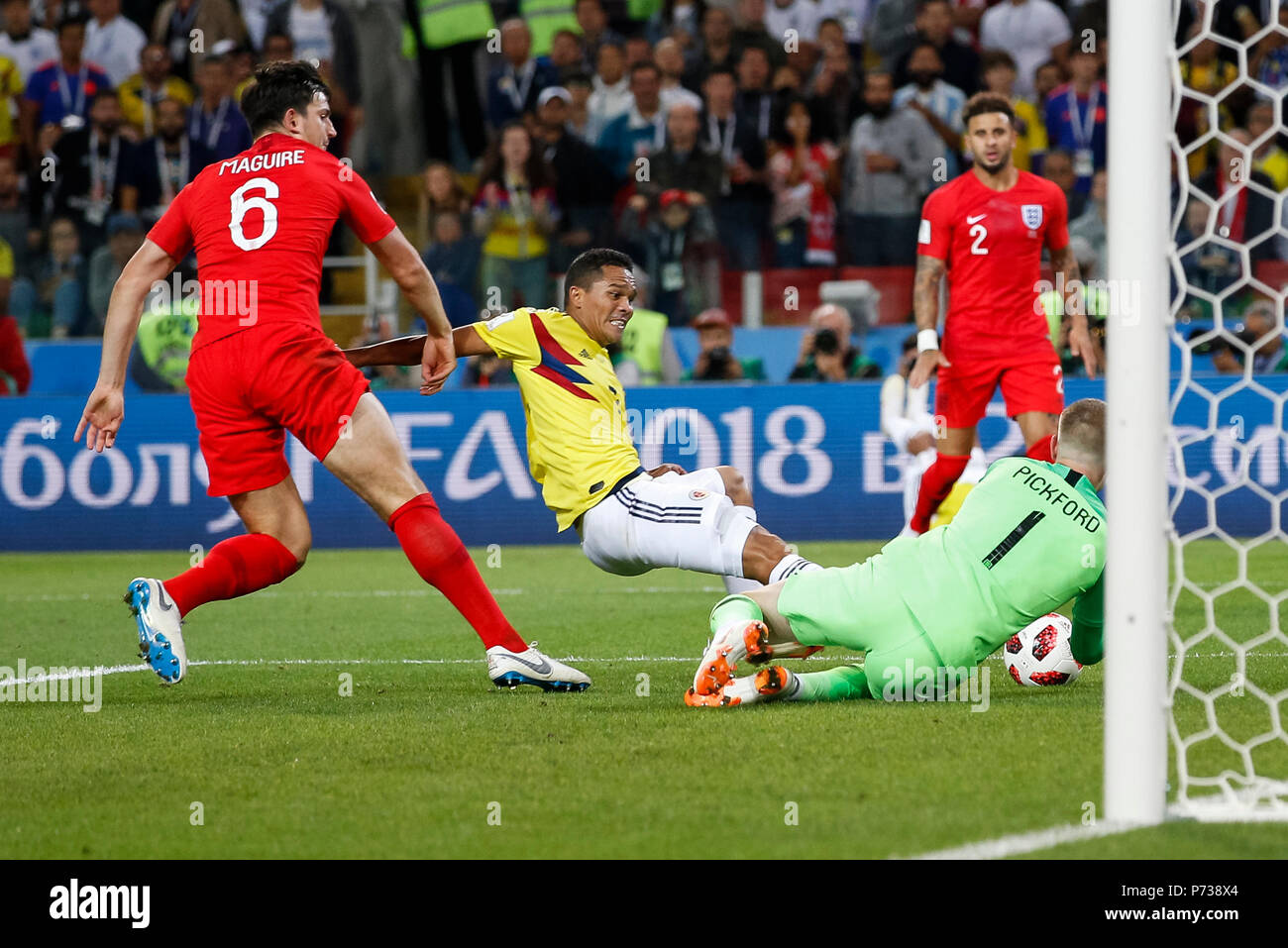 Moscow, Russia. 3th July 2018. Jordan Pickford of England saves from Carlos Bacca of Colombia during the 2018 FIFA World Cup Round of 16 match between Colombia and England at Spartak Stadium on July 3rd 2018 in Moscow, Russia. Credit: PHC Images/Alamy Live News Stock Photo
