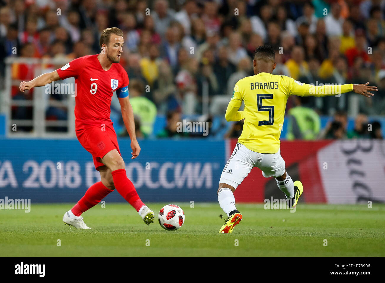 Moscow, Russia. 3th July 2018. Harry Kane of England and Wilmar Barrios of Colombia during the 2018 FIFA World Cup Round of 16 match between Colombia and England at Spartak Stadium on July 3rd 2018 in Moscow, Russia. Credit: PHC Images/Alamy Live News Stock Photo