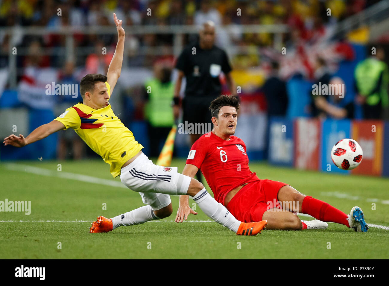 Moscow, Russia. 3th July 2018. Santiago Arias of Colombia and Harry Maguire of England during the 2018 FIFA World Cup Round of 16 match between Colombia and England at Spartak Stadium on July 3rd 2018 in Moscow, Russia. Credit: PHC Images/Alamy Live News Stock Photo