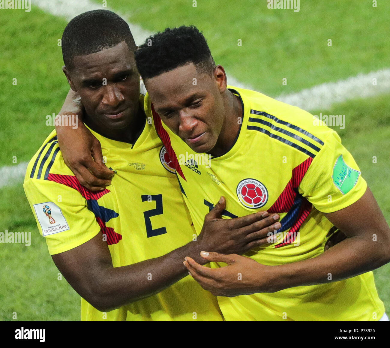 Moscow, Russia. 03rd June, 2018. Soccer, FIFA World Cup, round of 16, Colombia vs England at the Spartak Stadium. Colombia's Yerry Mina (r) and Cristian Zapata. Credit: Christian Charisius/dpa/Alamy Live News Stock Photo