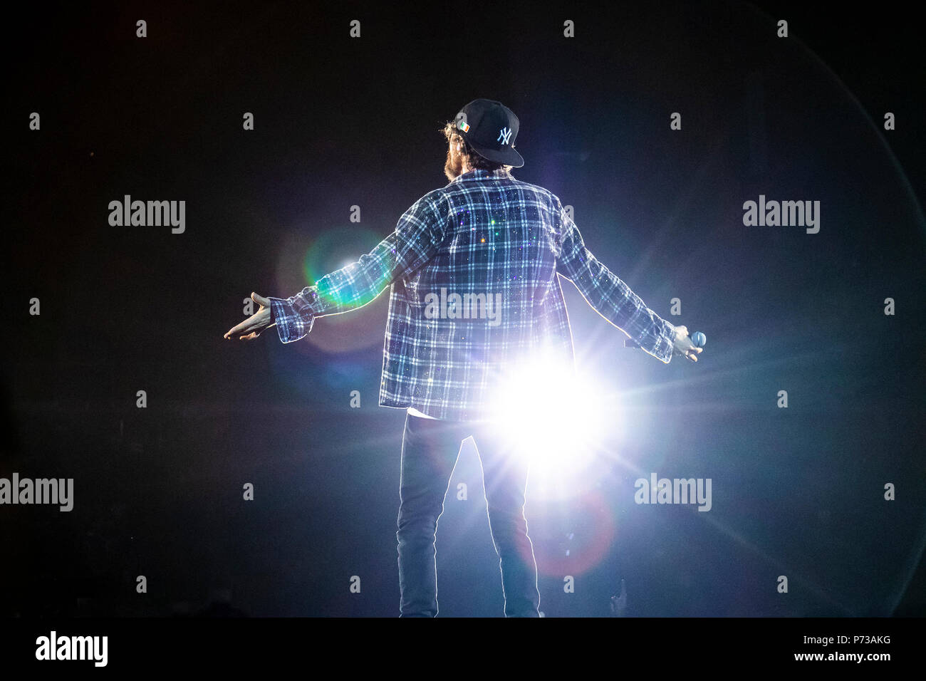 Milano, Italy, 3rd July 2018 Lorenzo Jovanotti Cherubini performs on stage at Mediolanum Forum, on one of the two last shows of the Lorenzo Live 2018 - Valeria Portinari Alamy Live News Stock Photo