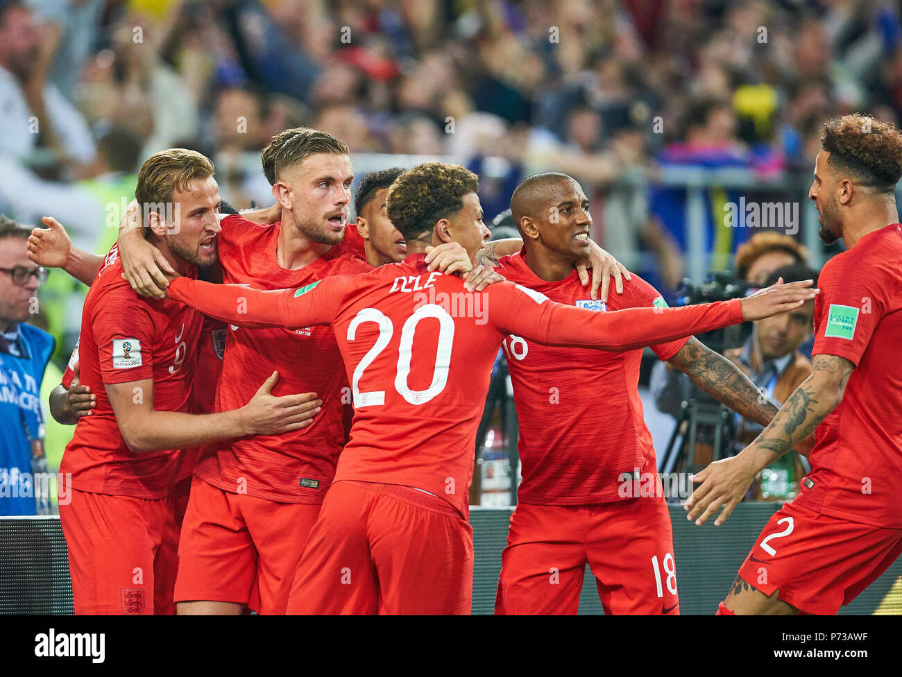 England- Columbia, Soccer, Moscow, July 03, 2018 Harry KANE, England 9    celebrates his goal 1-0   celebrates his goal with Dele ALLI, ENG 20 Kyle WALKER, England 2 Ashley YOUNG, England 18 John STONES, England 5 Jesse LINGARD, England 7 Raheem STERLING, England 10  ENGLAND - COLUMBIA 1-1, 4-3 after penalty shoot-out FIFA WORLD CUP 2018 RUSSIA, Season 2018/2019,  July 03, 2018 S p a r t a k Stadium in Moscow, Russia. © Peter Schatz / Alamy Live News Stock Photo