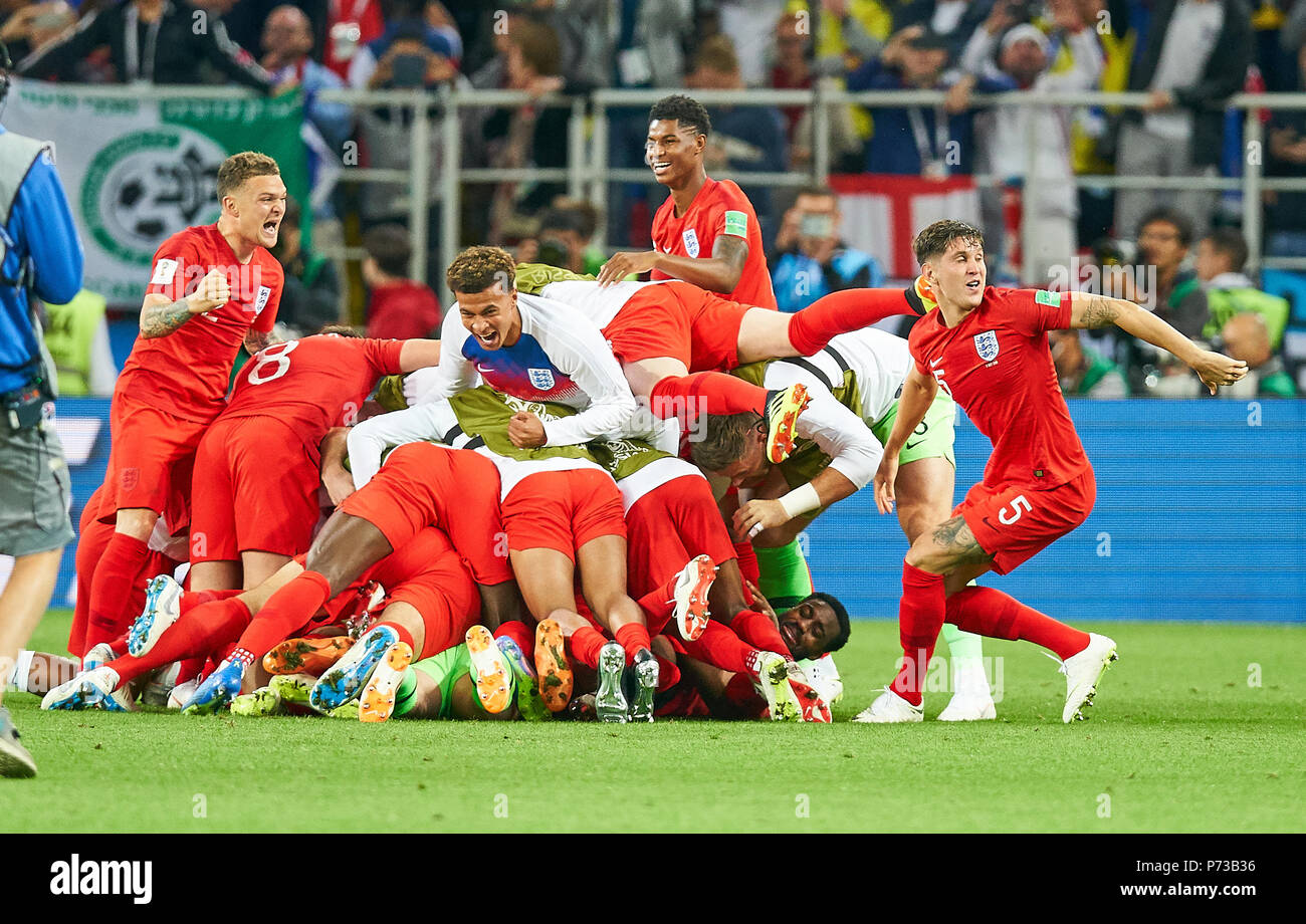 England- Columbia, Soccer, Moscow, July 03, 2018 Eric DIER, England 4 shoot goals the decisive penalty against David OSPINA, Columbia Nr.1 and celebrates with teammates Jesse LINGARD, England 7 Harry KANE, England 9  Marcus RASHFORD, Eng 19 Kieran TRIPPER, England 12 John STONES, England 5 Eric DIER, England 4 Harry MAGUIRE, England 6 John STONES, England 5 Jordan PICKFORD, England 1  ENGLAND - COLUMBIA 1-1, 4-3 after penalty shoot-out FIFA WORLD CUP 2018 RUSSIA, Season 2018/2019,  July 03, 2018 S p a r t a k Stadium in Moscow, Russia. © Peter Schatz / Alamy Live News Stock Photo