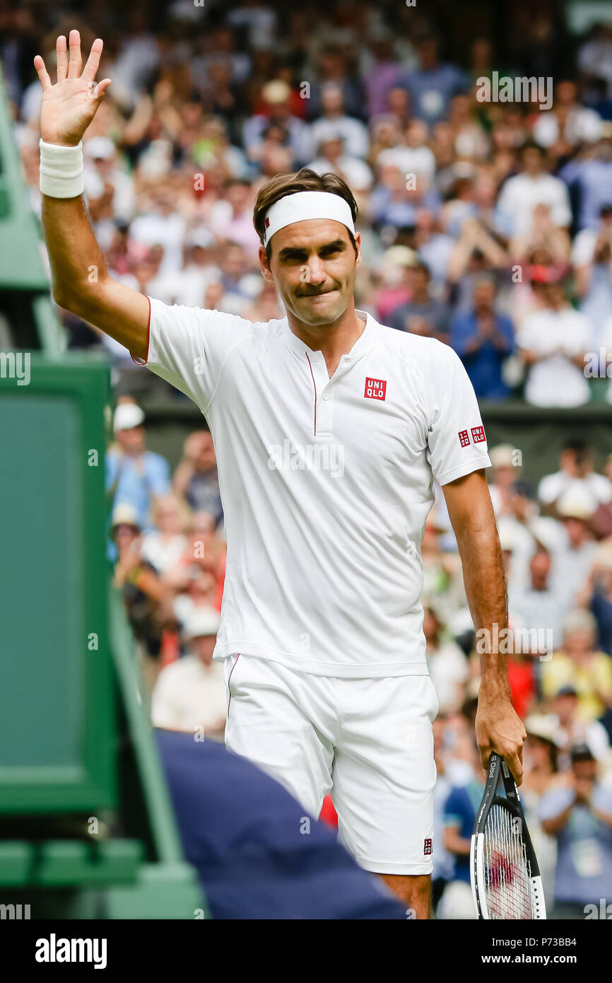 London, UK, 4th July 2018: Defending champion Roger Federer after his 2nd  round win against Lukas Lacko at Day 3 at the Wimbledon Tennis  Championships 2018 at the All England Lawn Tennis