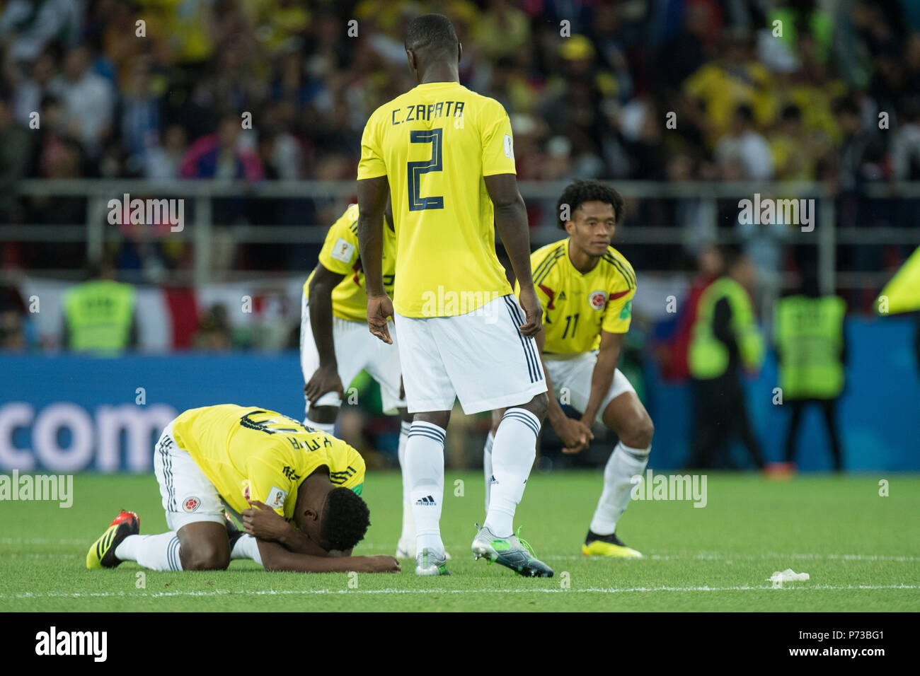 Moscow, Russland. 04th July, 2018. Left to right: Yerry MINA (COL), Davinson SANCHEZ (COL), Cristian ZAPATA (COL), Juan CUADRADO (COL) are disappointed, showered, decapitation, disappointment, sad, frustrated, frustrated, late, loser, full figure, Colombia (COL) - England (ENG) 3: 4 iE, Round of 16, Game 56, on 03.07.2018 in Moscow; Football World Cup 2018 in Russia from 14.06. - 15.07.2018. | usage worldwide Credit: dpa/Alamy Live News Stock Photo