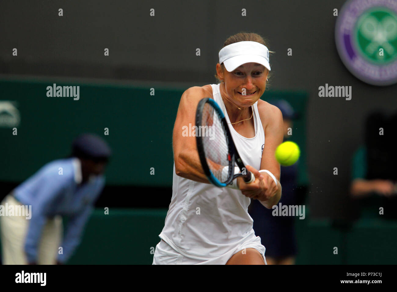 London, England - July 4th, 2018.  Wimbledon Tennis:  Ekaterina Makarova of Russia during her match against Number 2 seed Caroline Wozniacki of Denmark in the second round at Wimbledon today. Credit: Adam Stoltman/Alamy Live News Stock Photo