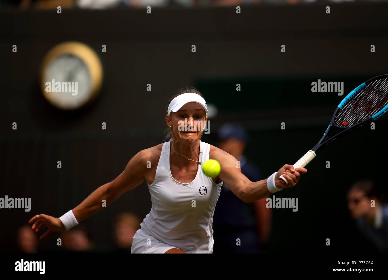 London, England - July 4th, 2018.  Wimbledon Tennis:  Ekaterina Makarova of Russia during her match against Number 2 seed Caroline Wozniacki of Denmark in the second round at Wimbledon today. Credit: Adam Stoltman/Alamy Live News Stock Photo