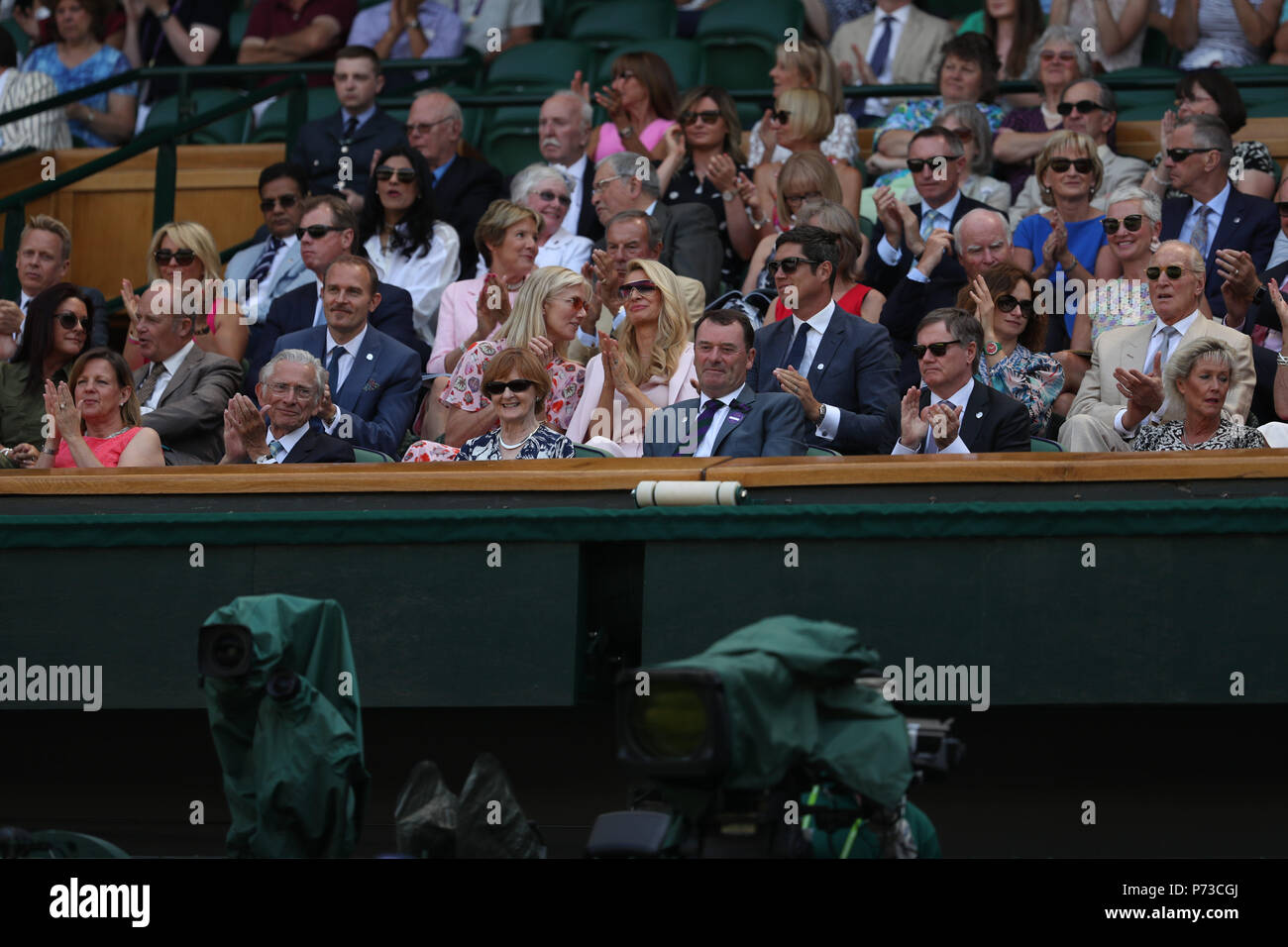 LONDON, ENGLAND - JULY 03: Carlo Nero and Joely Richardson, Vernon Kay and Tess Daly sit in the Royal Box as they attend day two of the Wimbledon Tennis Championships at the All England Lawn Tennis and Croquet Club on July 3, 2018 in London, England.  People:  Carlo Nero and Joely Richardson, Vernon Kay and Tess Daly Credit: Storms Media Group/Alamy Live News Stock Photo