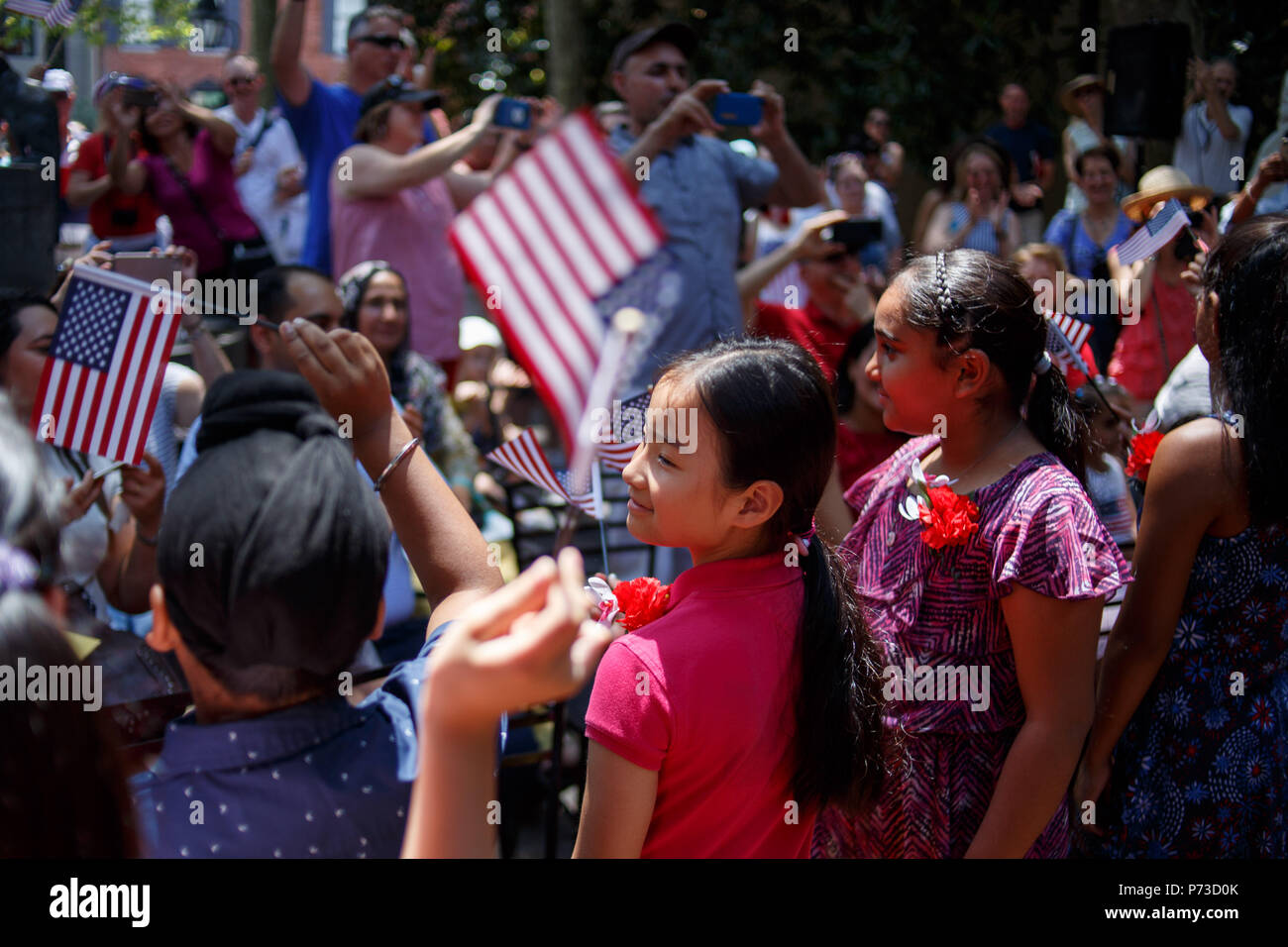 Philadelphia, PA, USA. 4th July, 2018. Newly naturalized American children celebrate during their citizenship ceremony at the historic Betsy Ross House. Credit: Michael Candelori/ZUMA Wire/Alamy Live News Stock Photo