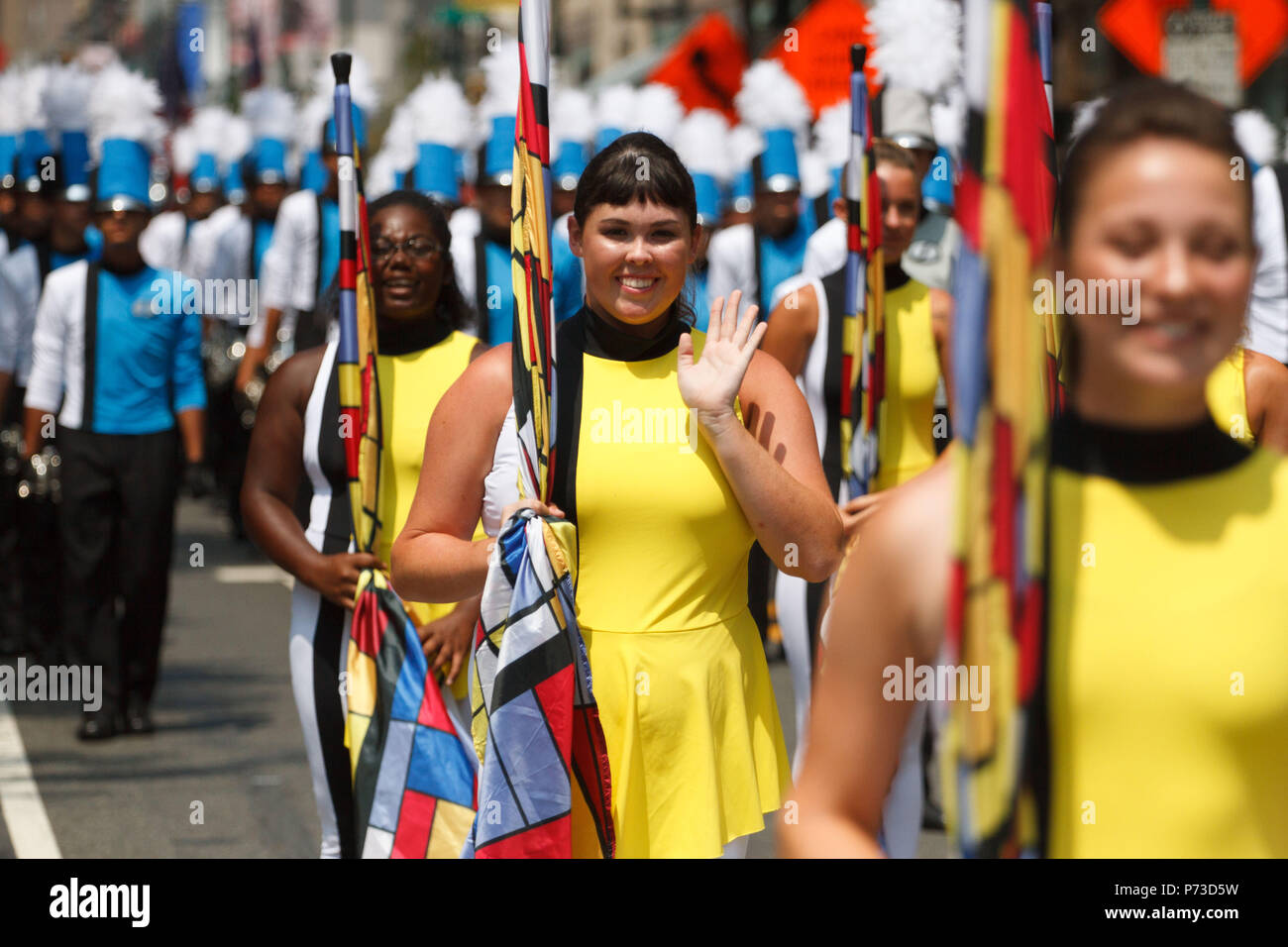Philadelphia, PA, USA. 4th July, 2018. Members of a marching band participate in the Independence Day Parade through the city's historic district. Credit: Michael Candelori/ZUMA Wire/Alamy Live News Stock Photo