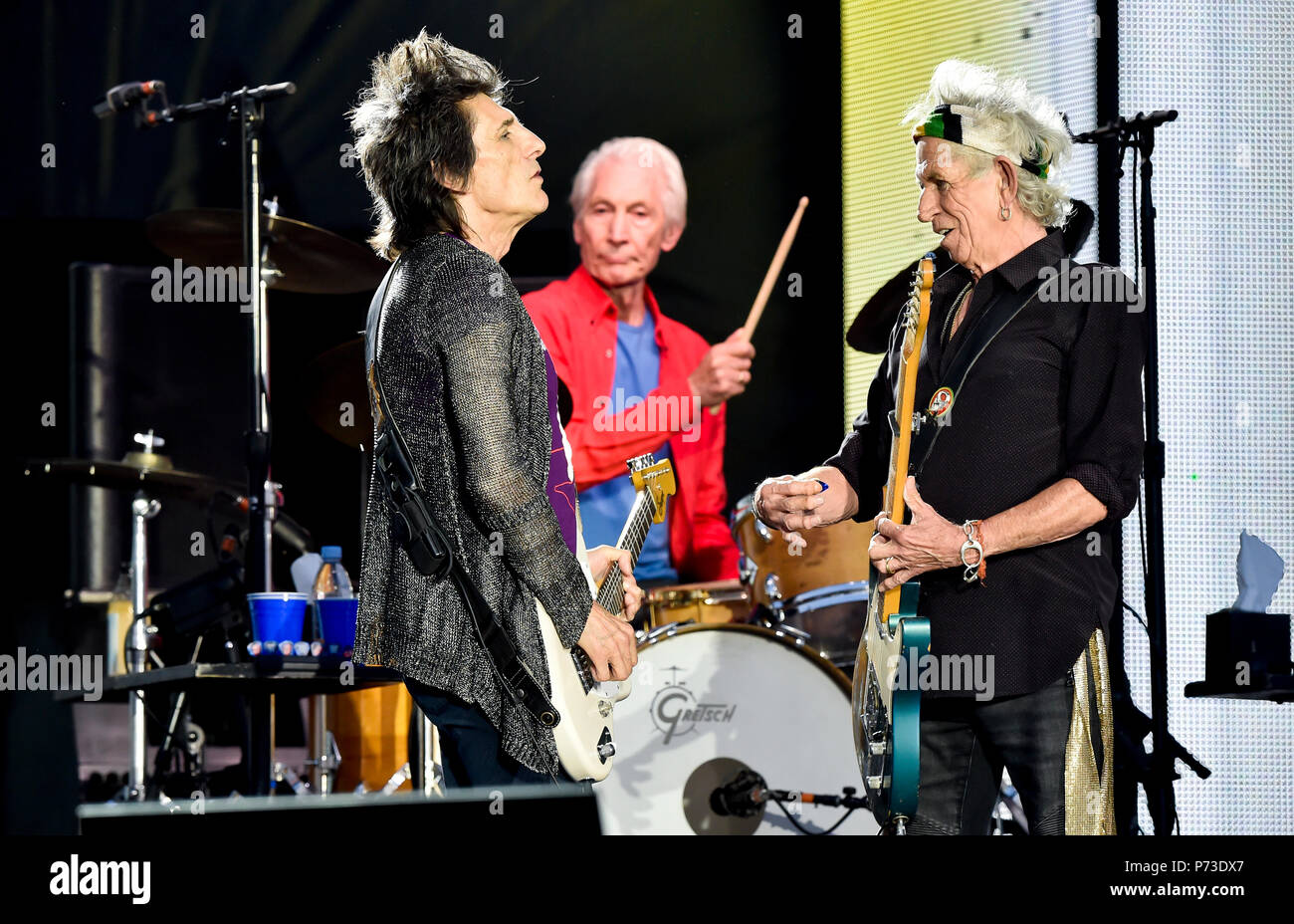 Prague, Czech Republic. 04th July, 2018. From left the Rolling Stones' guitarist Ron Wood, drummer Charlie Watts and guitarist Keith Richards perform during their concert in Prague, on Wednesday, July 4, 2018, as a European part of No Filter tour. Credit: Vit Simanek/CTK Photo/Alamy Live News Stock Photo