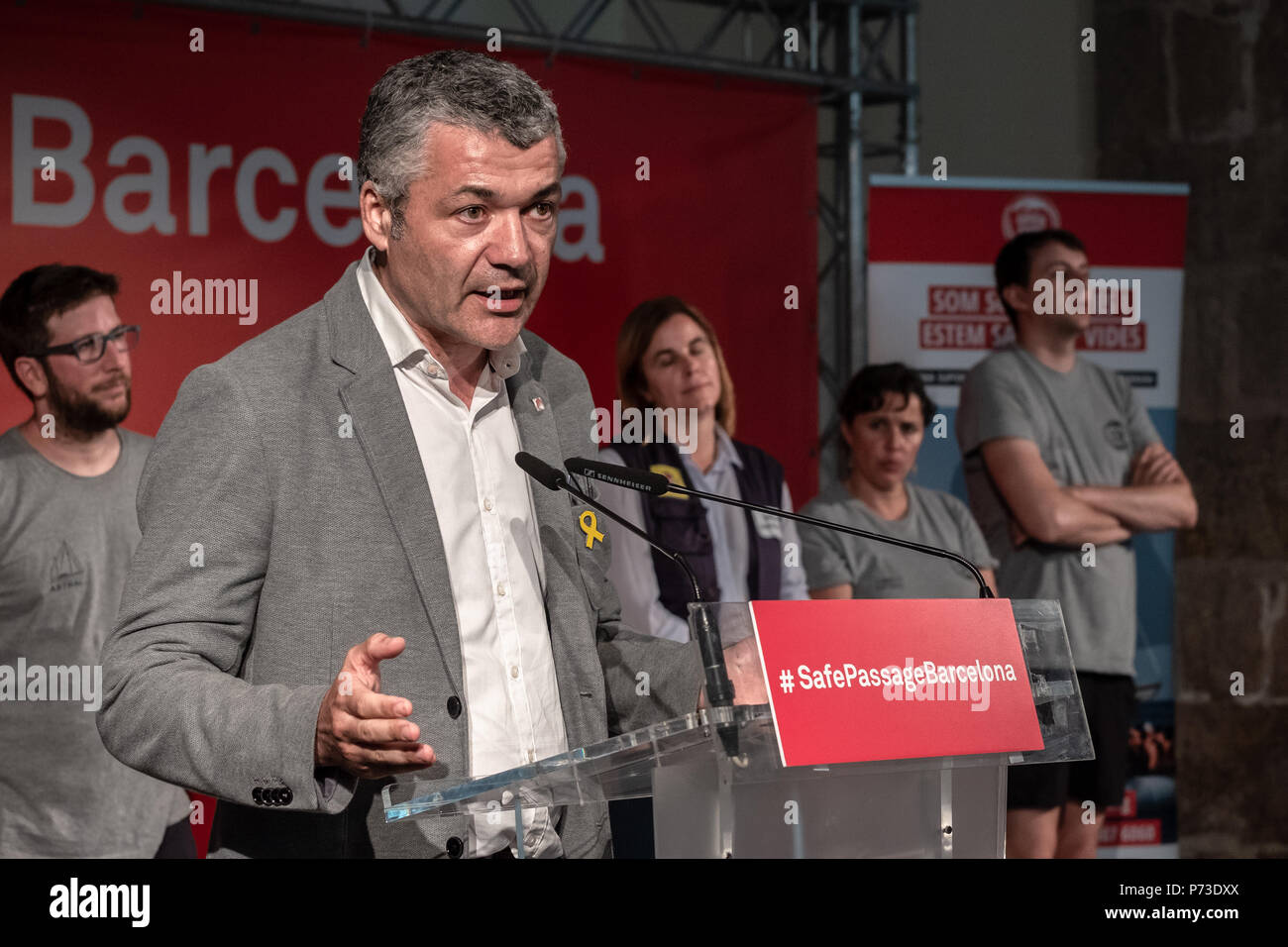 Oriol Amorós is seen during his speech at the press conference. Following the arrival in Barcelona of the rescue vessel Open Arms, Óscar Camps, leader of ProActiva Open Arms accompanied by the Mayor of Barcelona, Ada Colau and several MEPs, attended the press in a press conference. Stock Photo