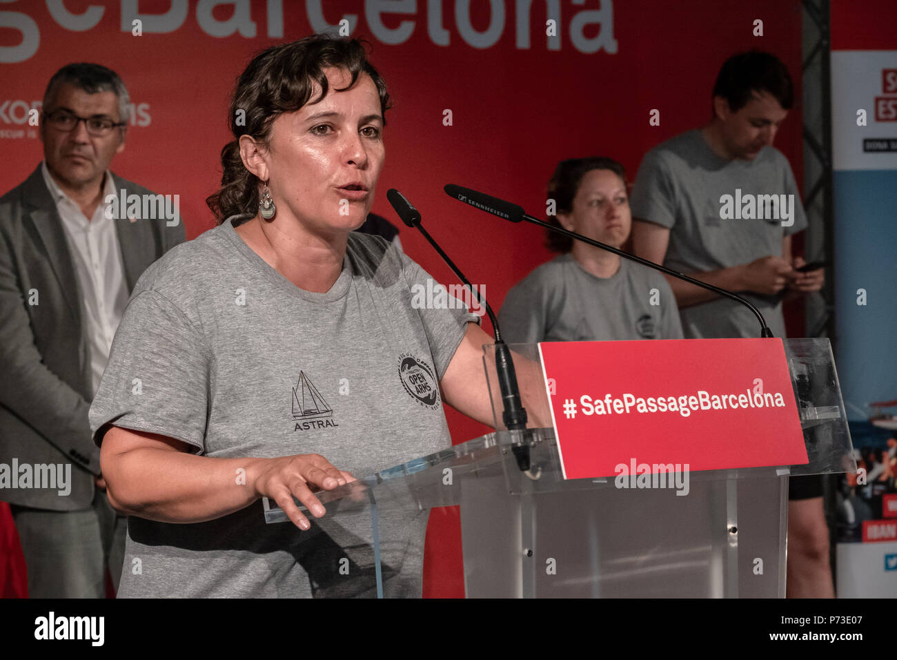 Ana Miranda (BNG) is seen during the press conference. Following the arrival in Barcelona of the rescue vessel Open Arms, Óscar Camps, leader of ProActiva Open Arms accompanied by the Mayor of Barcelona, Ada Colau and several MEPs, attended the press in a press conference. Stock Photo