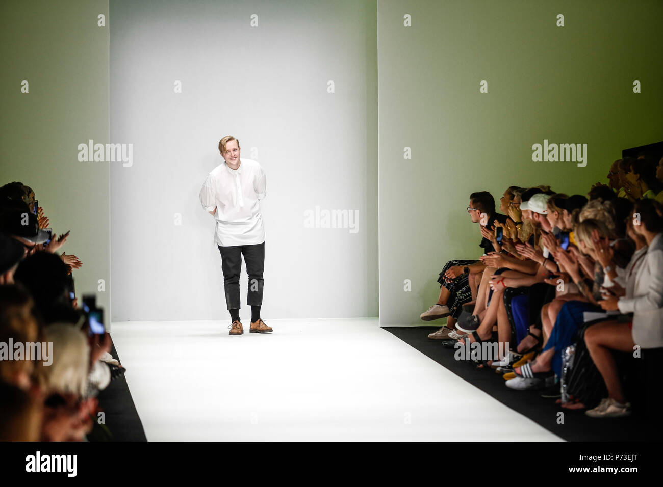 Berlin, Germany - July 4, 2018: Danny Reinke after presentation of his Spring/Summer 2019 collection during the second day of MBFW Berlin Fashion Weak in the ewerk showspace in Berlin. Credit: Michal Busko/Alamy Live News Stock Photo