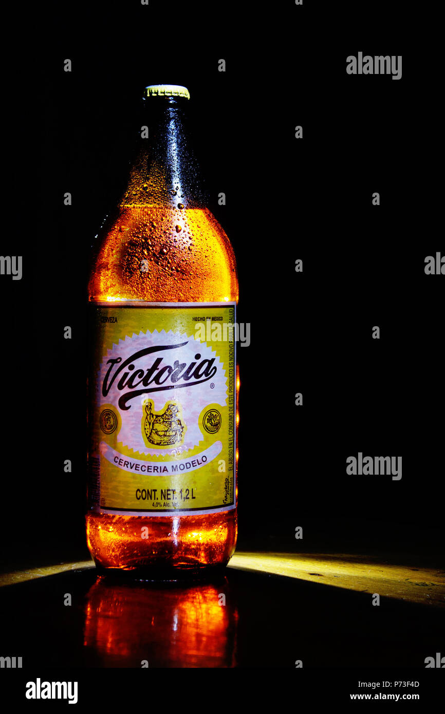 Tlaxcala, Mexico - July 02.2018 Victoria beer is a mexican brewed beer since 1865. It is sold in bottles, both the standard 325 ml and the large 950ml Stock Photo