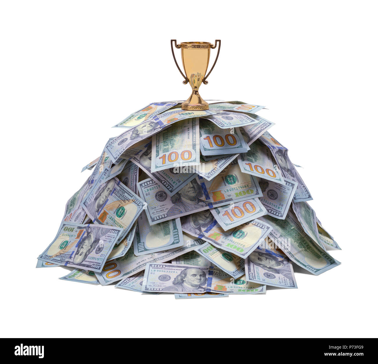 Pile of Money with Gold Trophy Isolated on White. Stock Photo