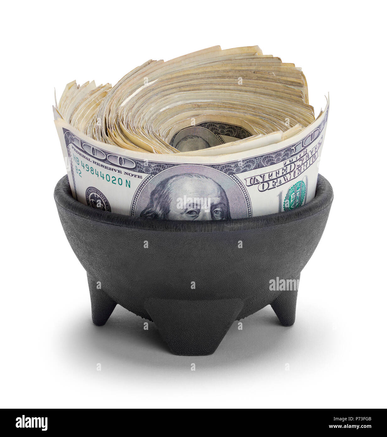 Pot with Large Roll of Hundred Dollar Bills Isolated on White. Stock Photo