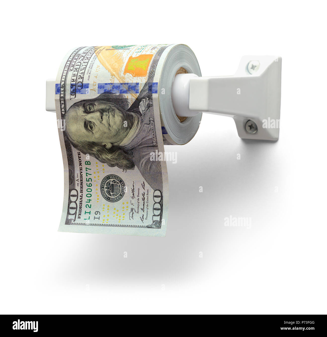 Roll of One Hundred Dollar Bills Toilet Paper Isolated on White. Stock Photo