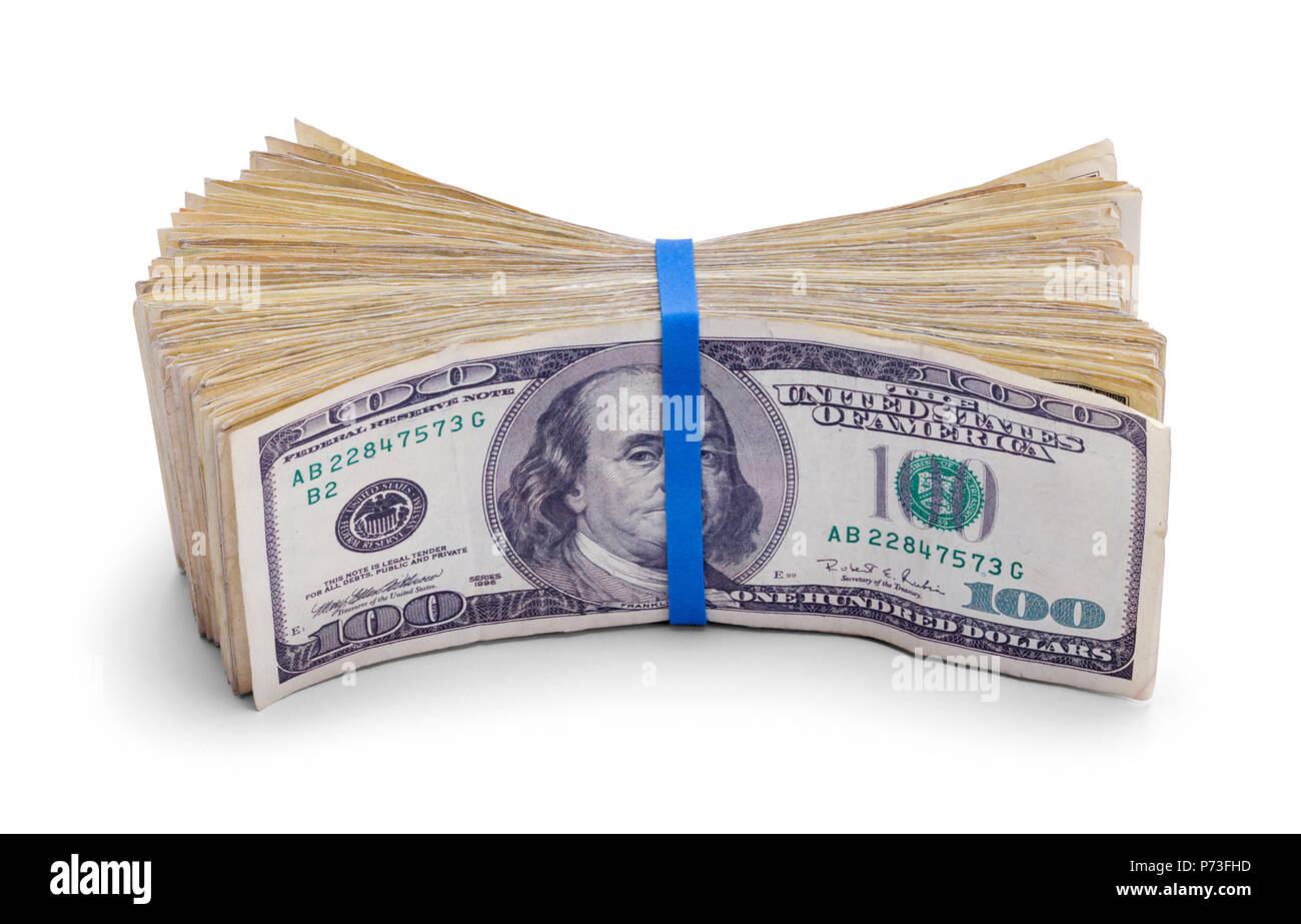 One Hundred Dollar Bills in a Stack with Rubber Band Isolated on White. Stock Photo