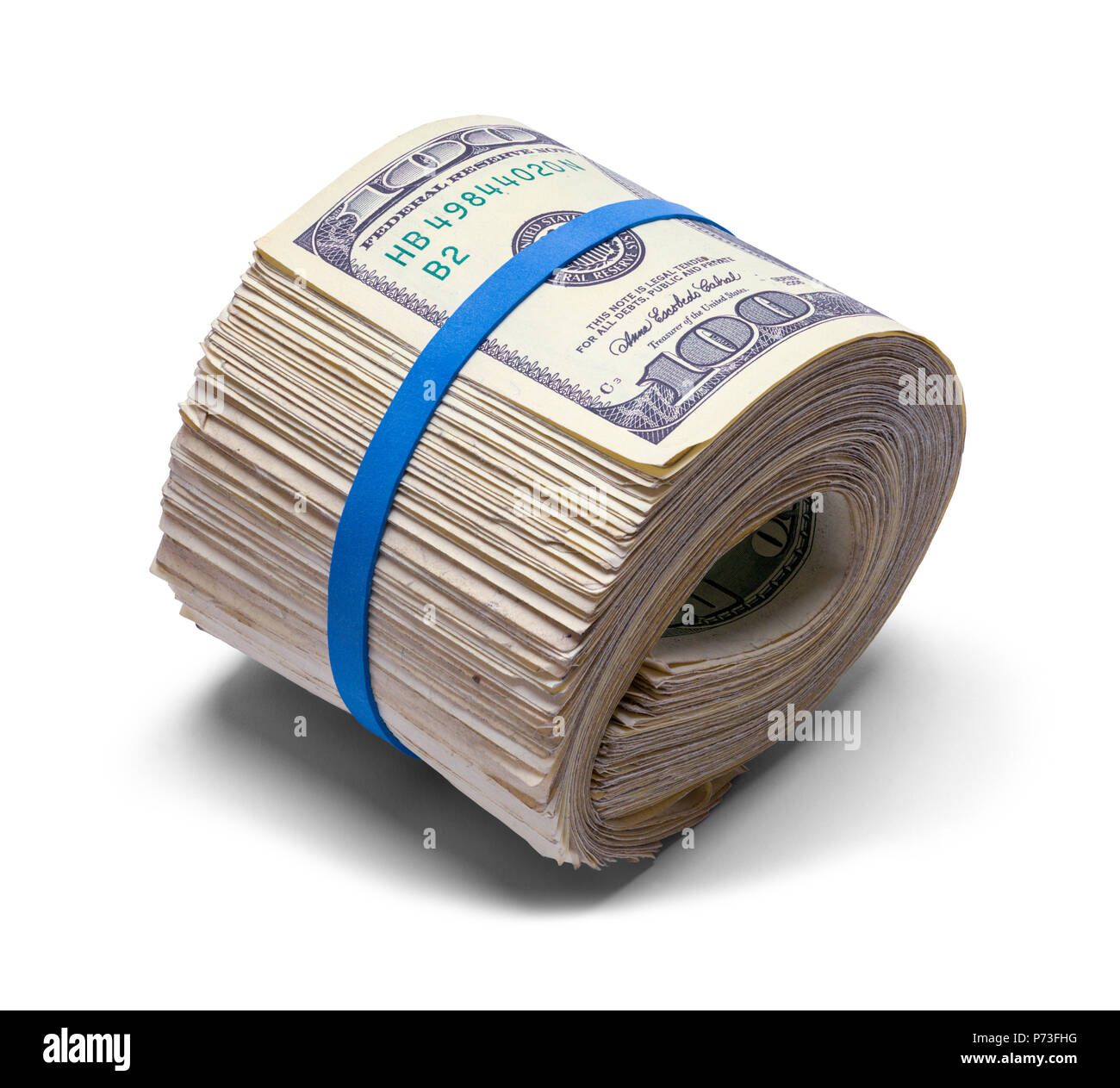Large Roll of Hundred Dollar Bills Isolated on White. Stock Photo