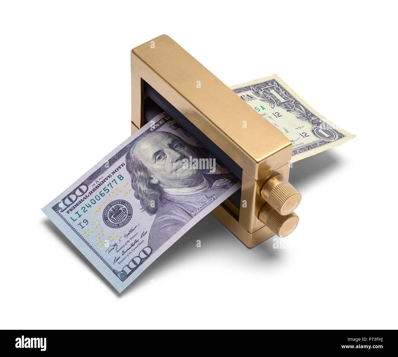 Gold Printing Press Converting Money Isolated on White. Stock Photo