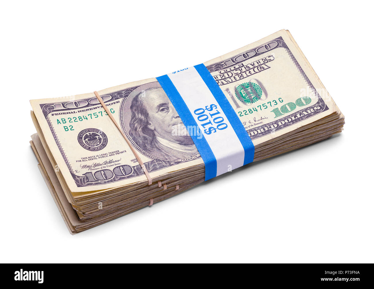 Stack of One Hundred Dollar Bills Isolated on a White Background. Stock Photo