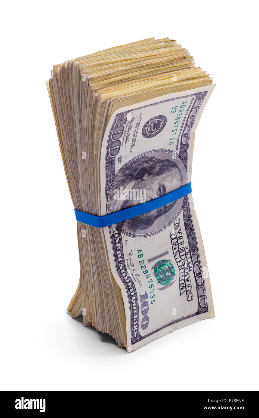 Stack of One Hundred Dollar Bills Upright Isolated on a White Background. Stock Photo