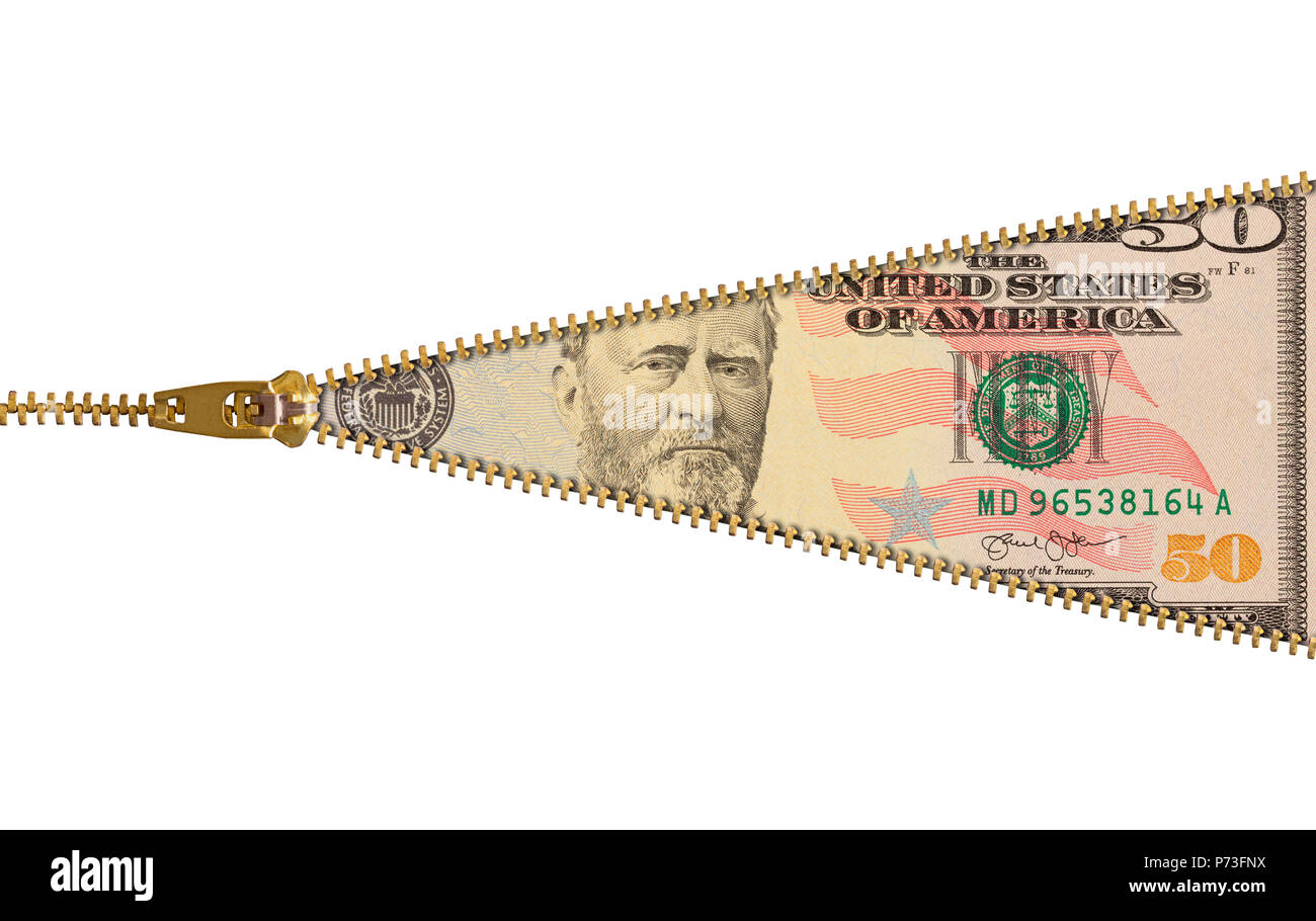 Fifty Dollar Bill With Zipper and Copy Space. Stock Photo
