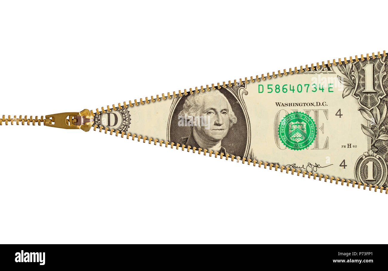 One Dollar Bill with Zipper Isolated on White Stock Photo