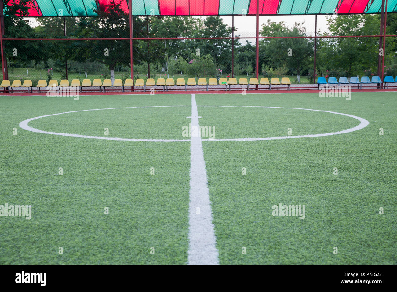 Mini Football Goal On An Artificial Grass Inside Of Indoor Football Field Mini Football Stadium Center Soccer Field Center And Ball Top View Background Stock Photo Alamy