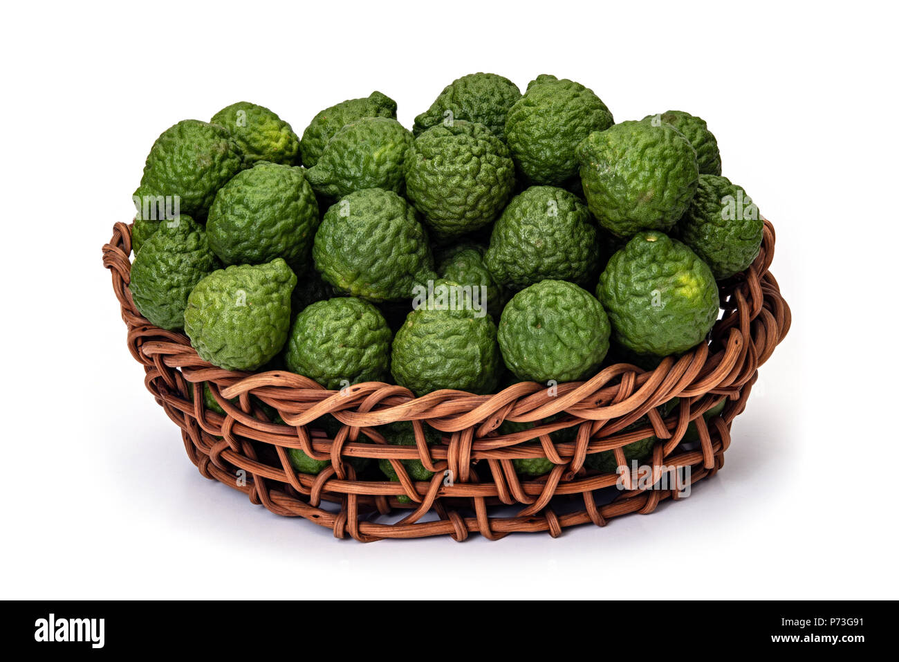 Citrus hystrix, in basket of wicker, bergamot fruit for herbal medicine Stock Photo