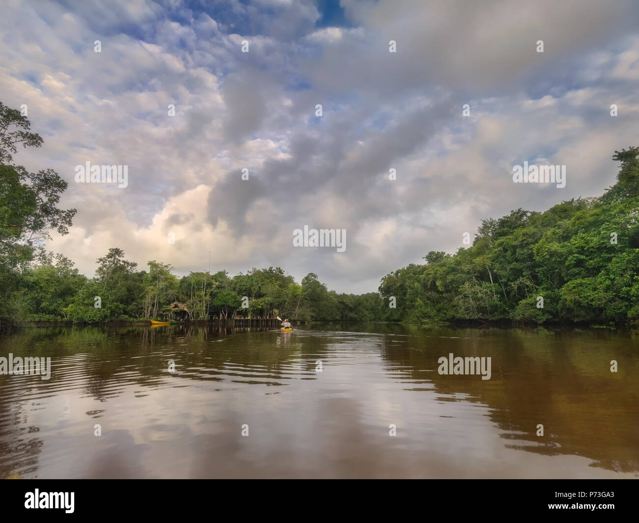View of the village on the banks of the tropical Orinoco river. Stock Photo