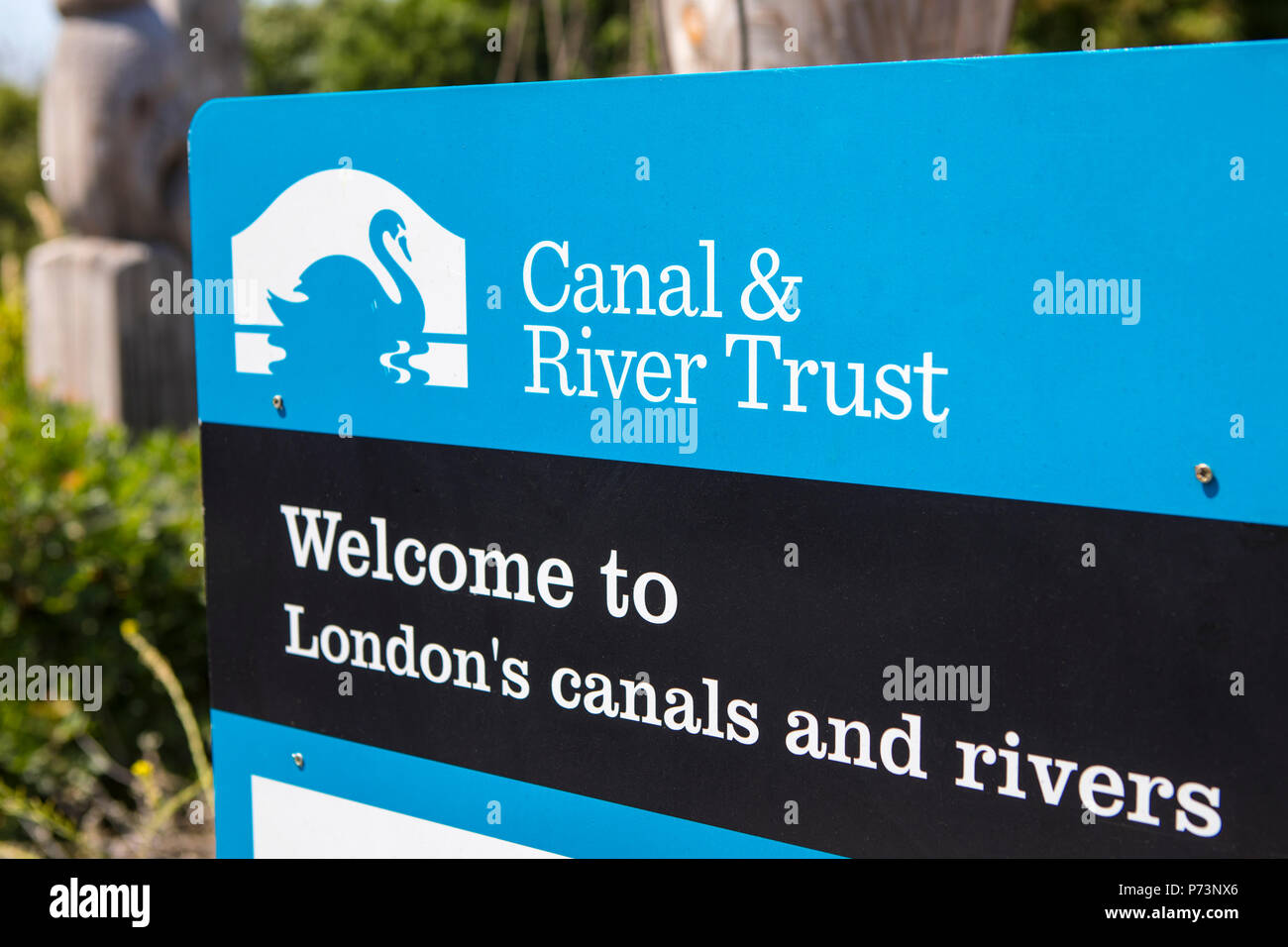 LONDON, UK - JULY 3RD 2018: A sign by the Canal and River Trust on the River Lea at Stonebridge Lock in Tottenham, London, on 3rd July 2018. Stock Photo