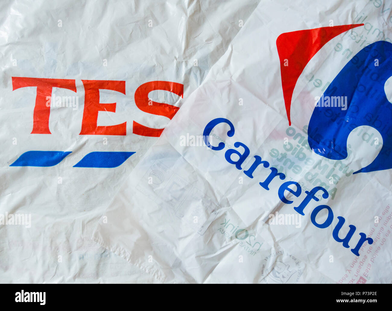 Tesco and Carrefour supermaket plastic bags Stock Photo