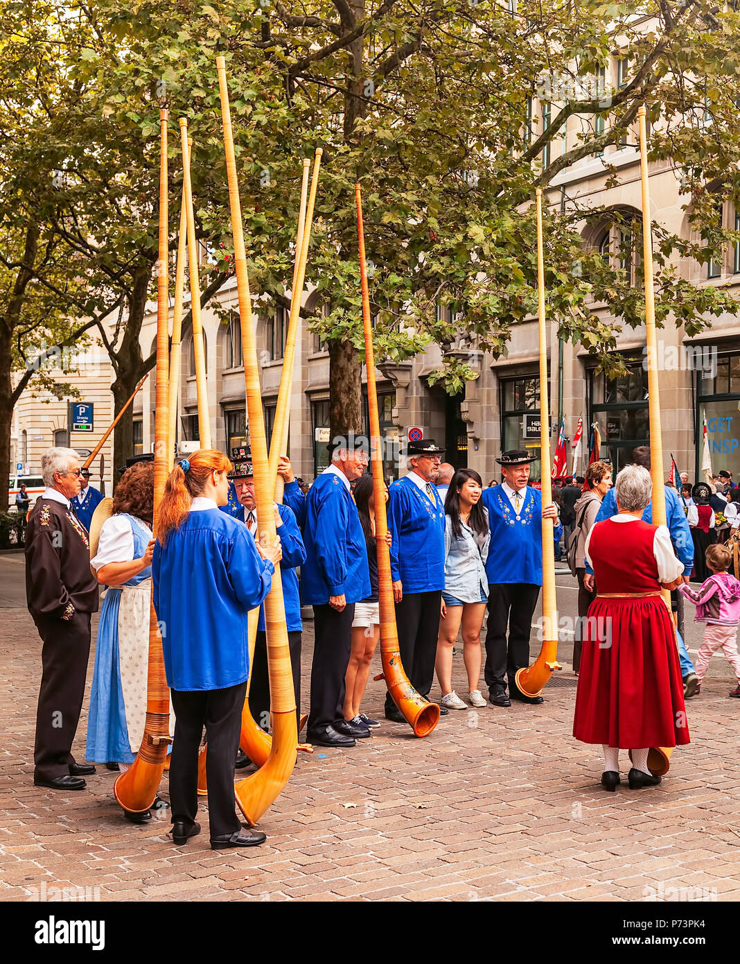 Zurich, Switzerland - August 1, 2014: participants of the parade devoted to the Swiss National Day The Swiss National Day is the national holiday of S Stock Photo