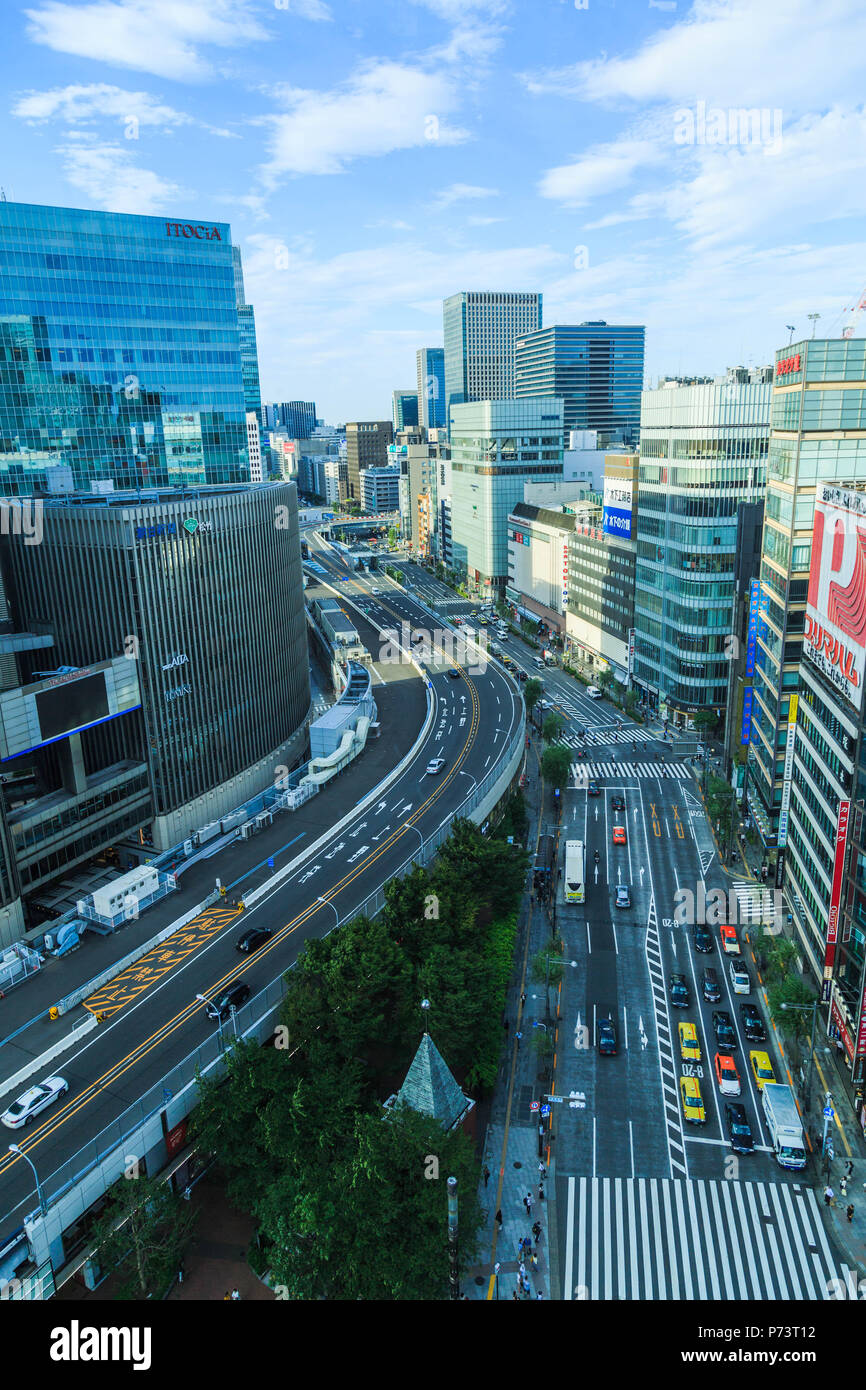 Aerial view of Ginza district showing Tokyo Inner Circular Route on the left side, Ginza district, Tokyo, Japan. Stock Photo