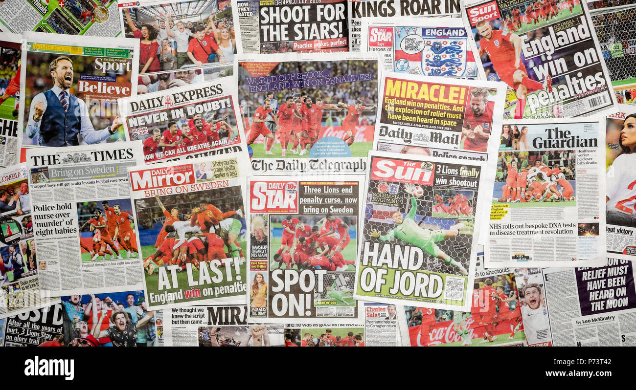 British newspaper front pages reporting on England's World Cup triumph, winning their penalty shoot-out against Columbia Stock Photo