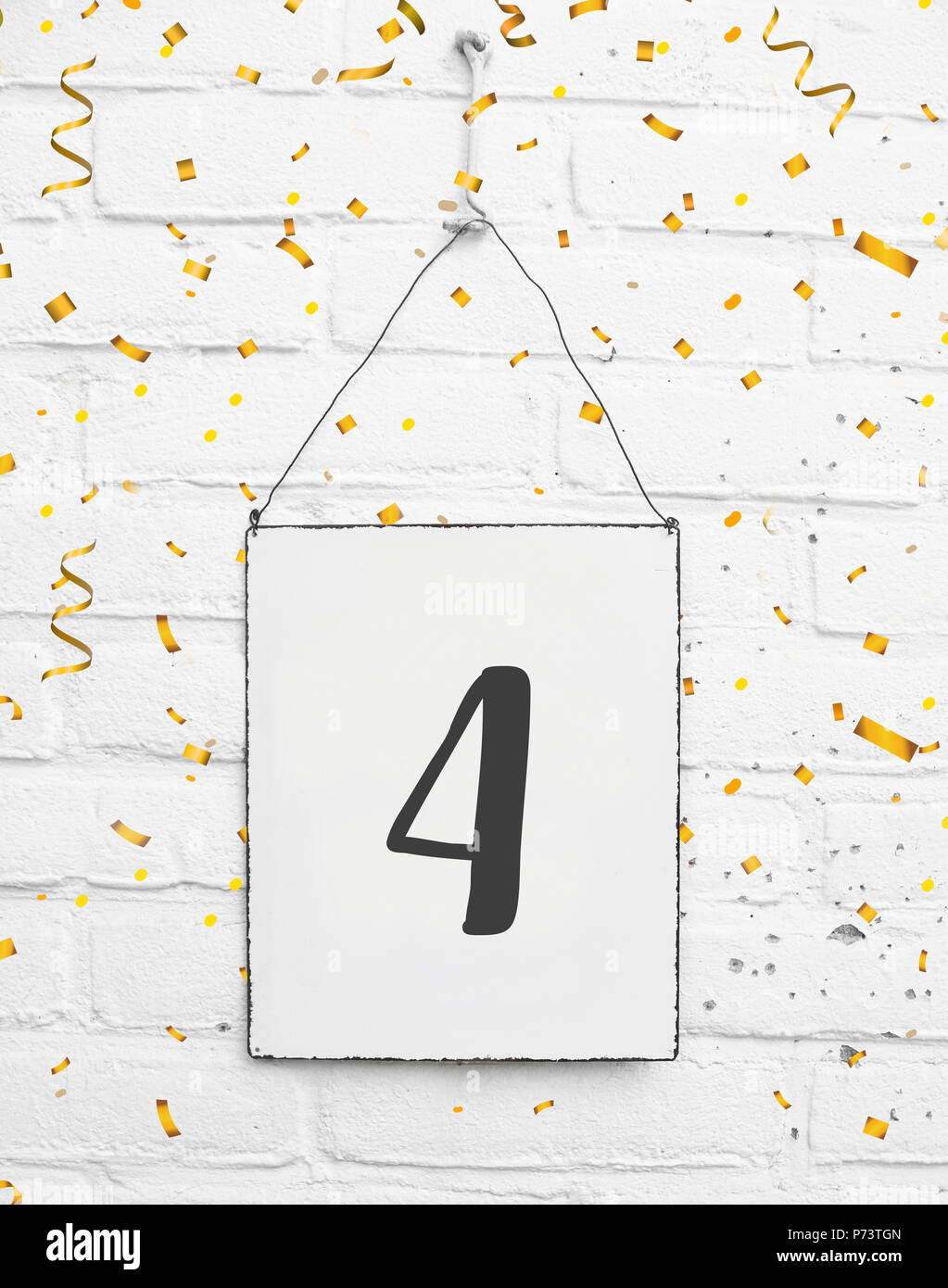 4 four years old birthday party card text with golden confetti metal