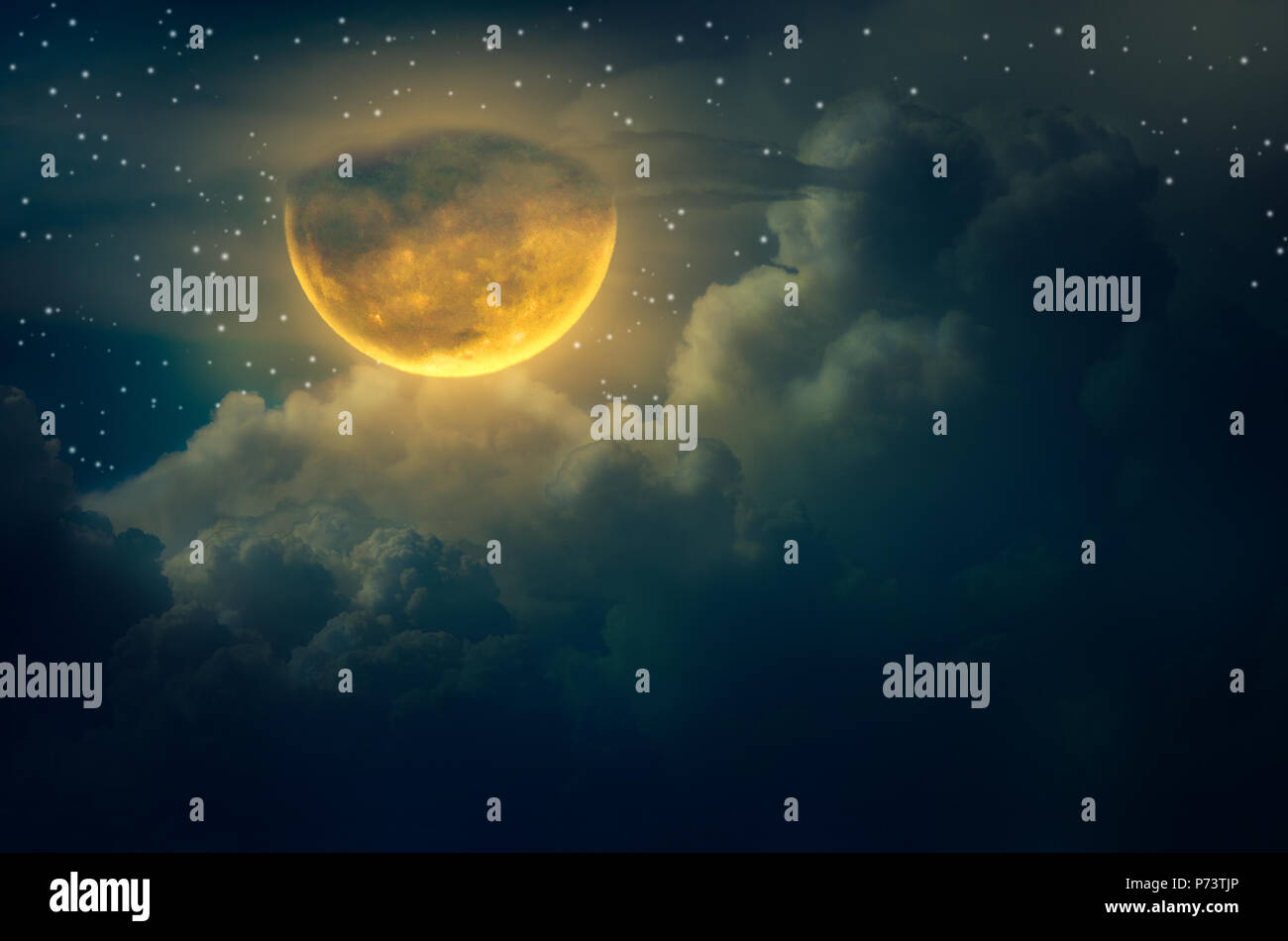 chuseok moon Cloud Big moon floating in the sky with many stars surrounded Halloween Stock Photo