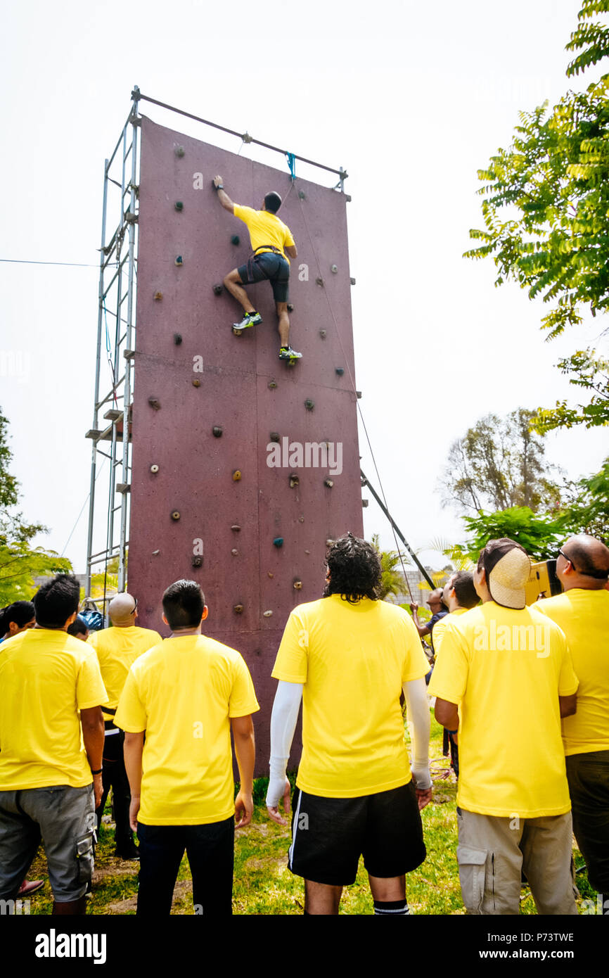 Free climber young man climbing artificial boulder indoors Stock Photo