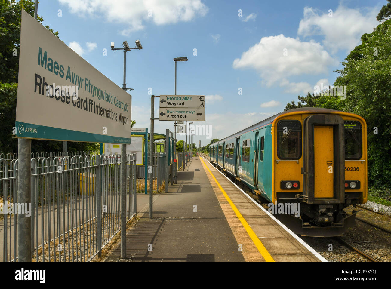 Diesel commuter train about to depart Platform 2 at Rhoose Cardiff International Airport railway station in the Vale of Glamorgan, south Wales Stock Photo