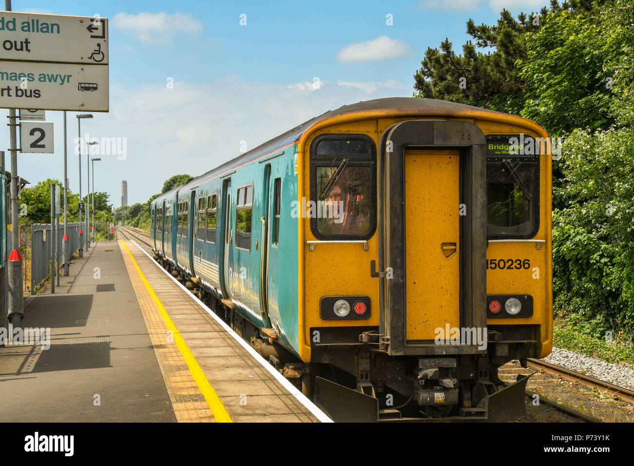 Diesel commuter train about to depart Platform 2 at Rhoose Cardiff International Airport railway station in the Vale of Glamorgan, south Wales Stock Photo