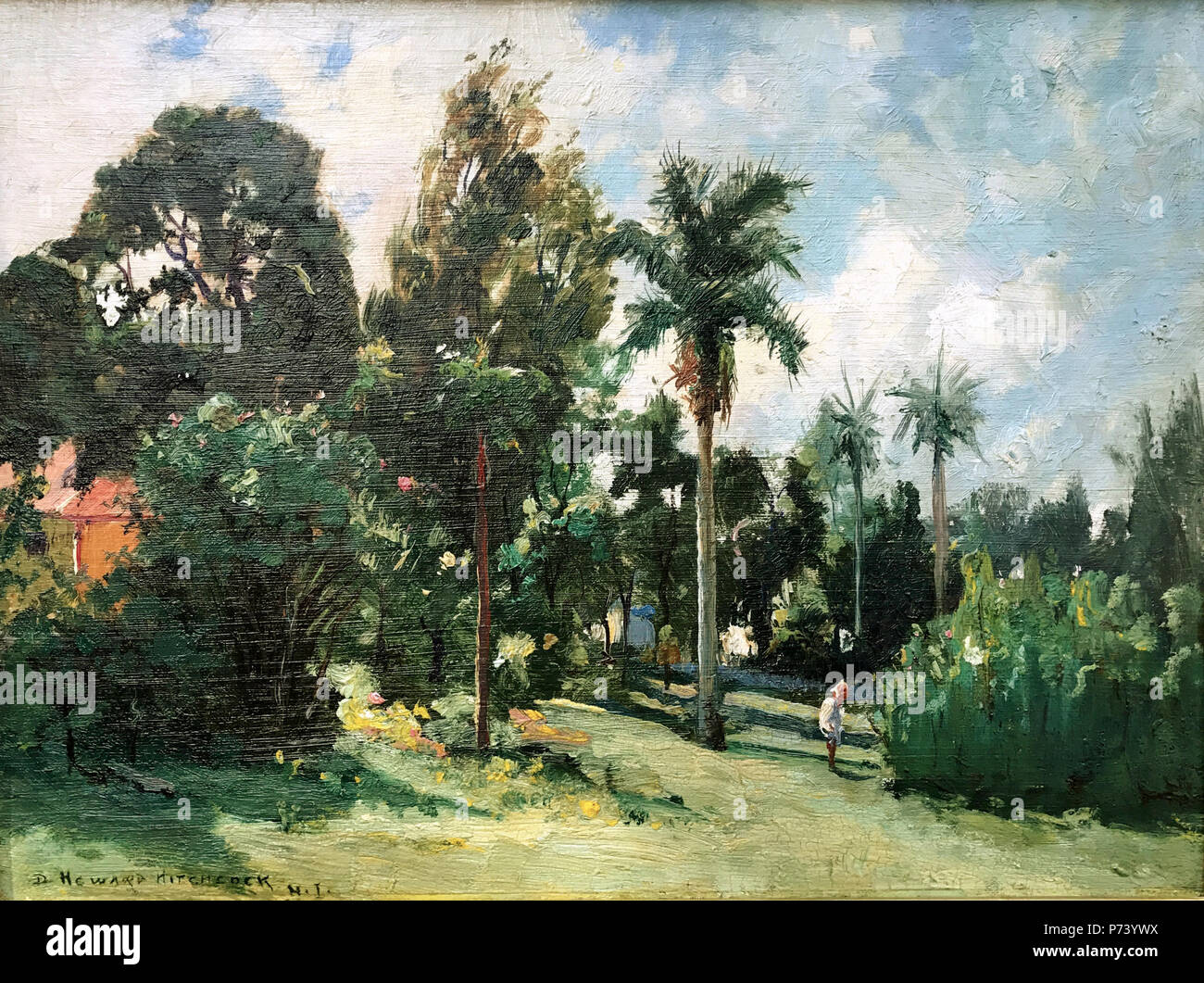English: Yard in Nuuanu by David Howard Hitchcock, circa 1909-10, oil on early black artist's board, 12 x 16 in. This is D. Howard Hitchcock’s home on Judd St. near Nuuanu St. in Honolulu, Hawaii, with Helen Hitchcock, (his daughter) playing in yard . circa 1909-10 20 Yard in Nuuanu by David Howard Hitchcock, c 1909-10 Stock Photo