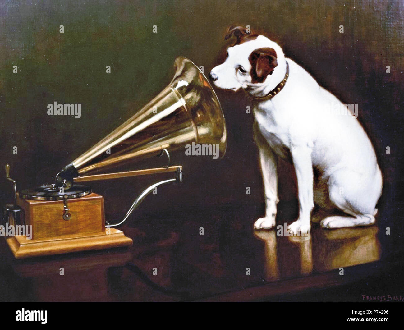 English: In England, artist Francis Barraud (1856-1924) painted his brother's dog Nipper listening to the horn of an early phonograph during the winter of 1898. Victor Talking Machine Company began using the symbol in 1900, and Nipper joined the RCA family in 1929. 140 His Master's Voice Stock Photo