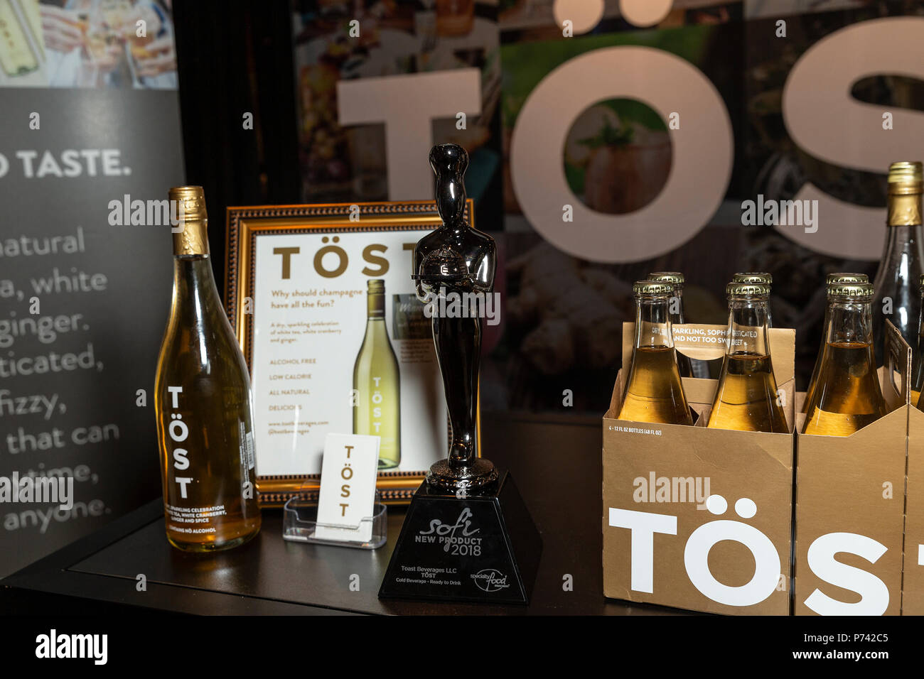 United States. 01st July, 2018. SOFI award winner Tost sparkling drink by Tost Beverages on display during New York 2018 Summer Fancy Food Show at Jacob Javits Center Credit: Lev Radin/Pacific Press/Alamy Live News Stock Photo
