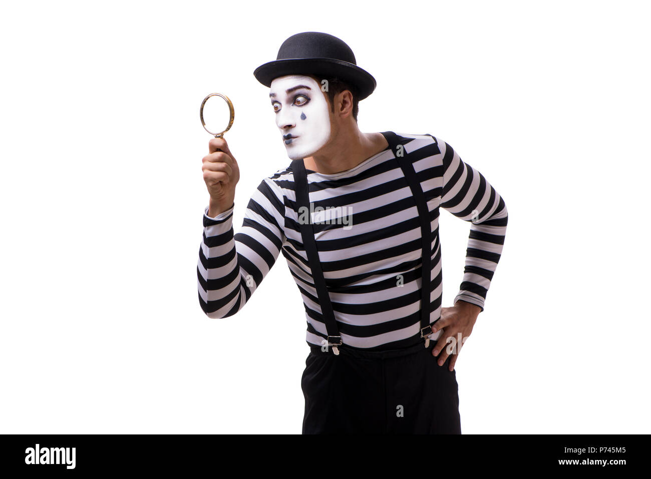 Mime with loupe isolated on white background Stock Photo - Alamy