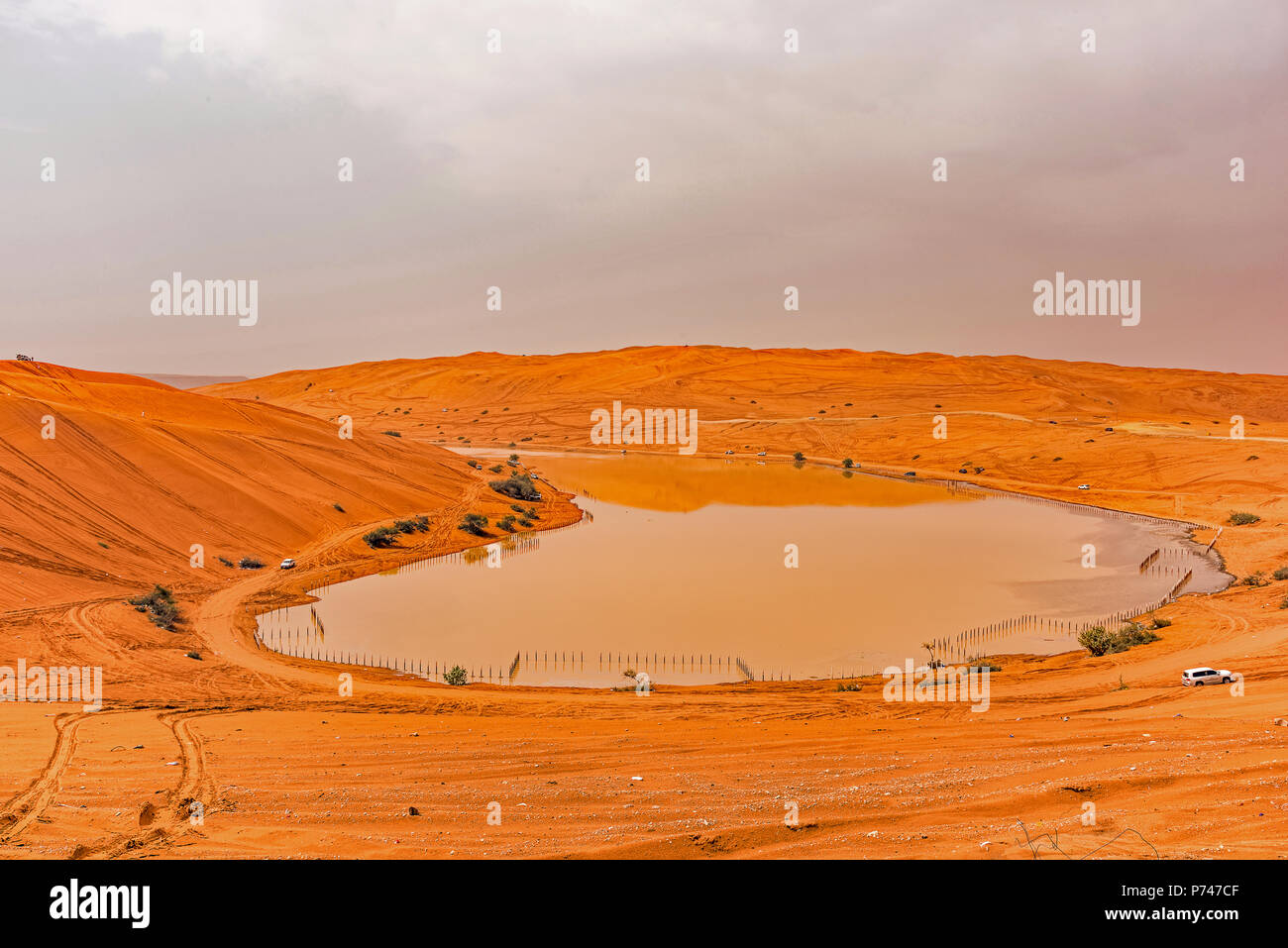 Lake Khararah south of Riyadh, Saudi Arabia. A popular spot to ride the red dunes with an AWD Stock Photo