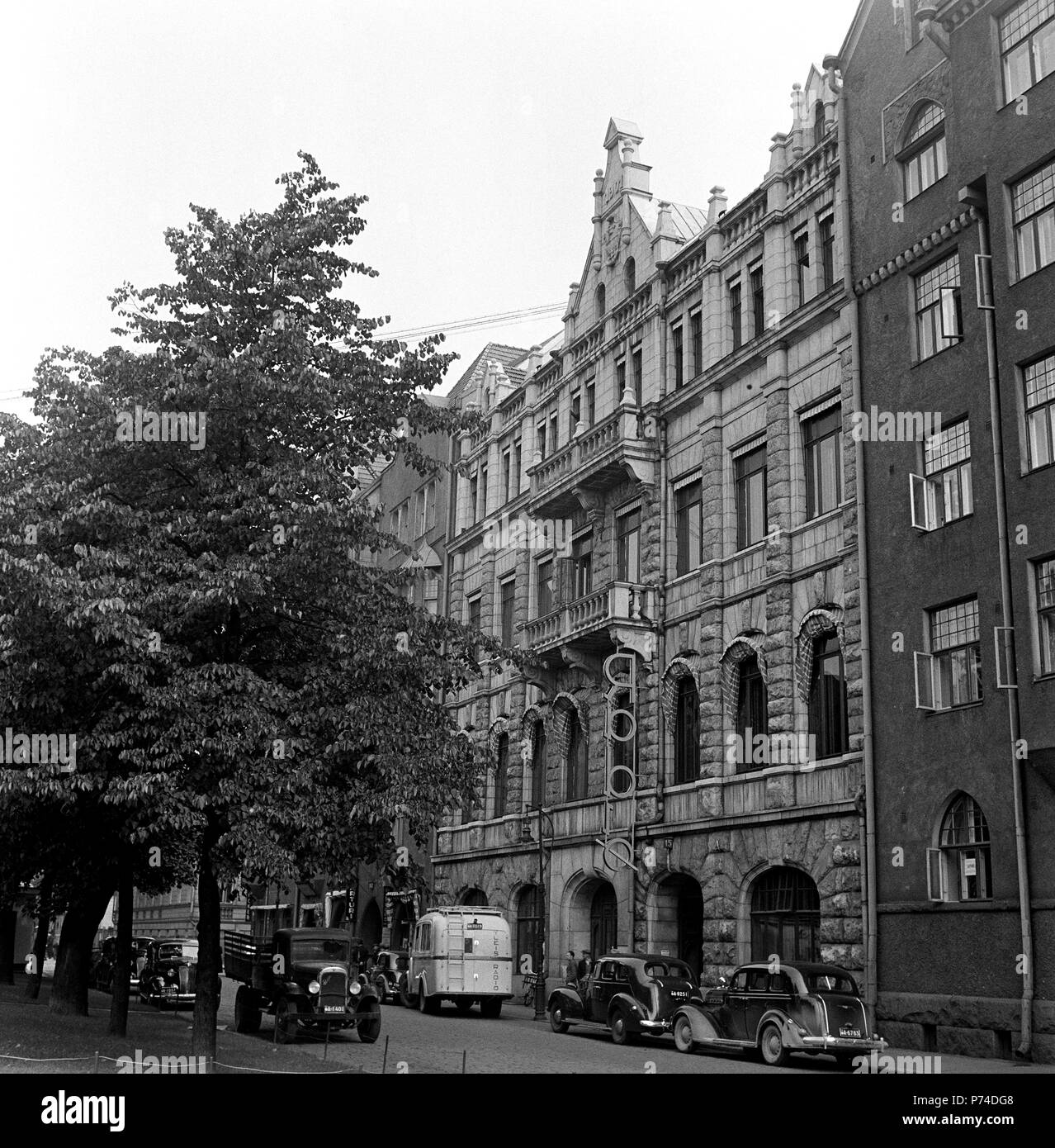 The Radio House of the Finnish Broadcasting Company in Helsinki, street view, 1930s. Stock Photo